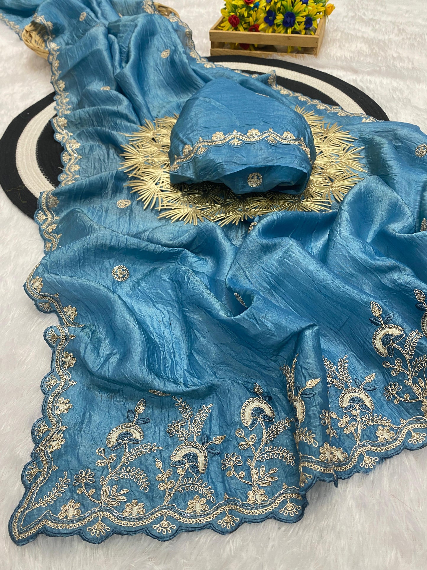 Gold Crushed Chiffon Saree