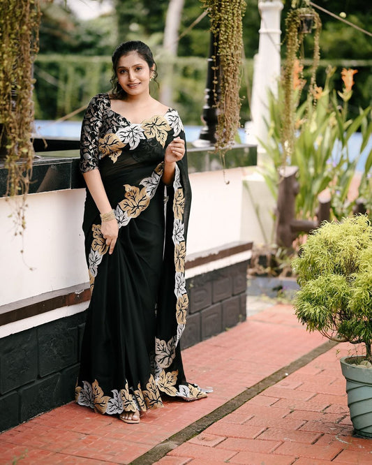 Fancy Satin Chiffon EMB. Saree