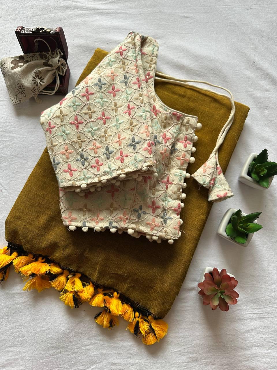 Khadi Cotton Saree with Tussels
