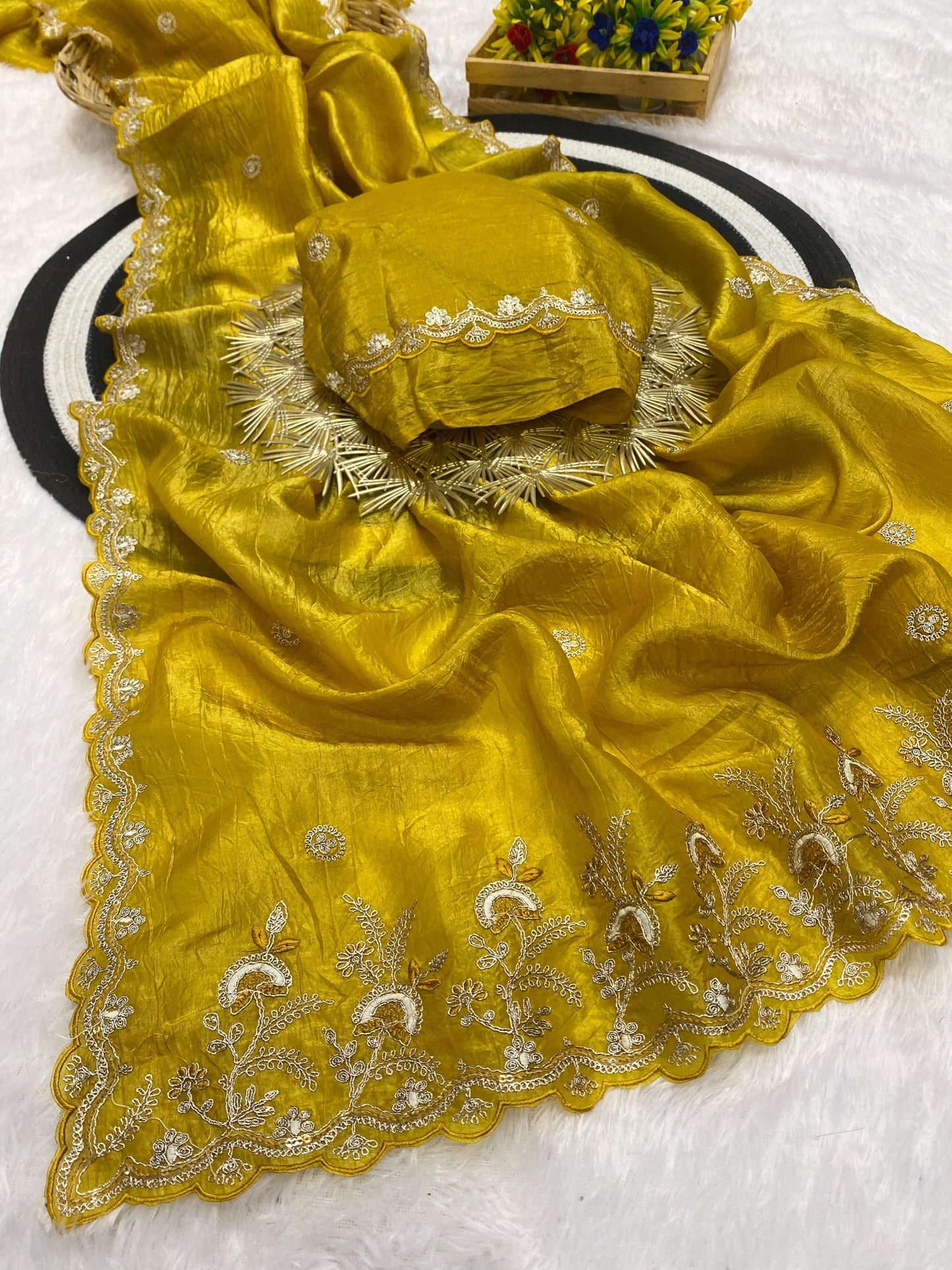 Gold Crushed Chiffon Saree