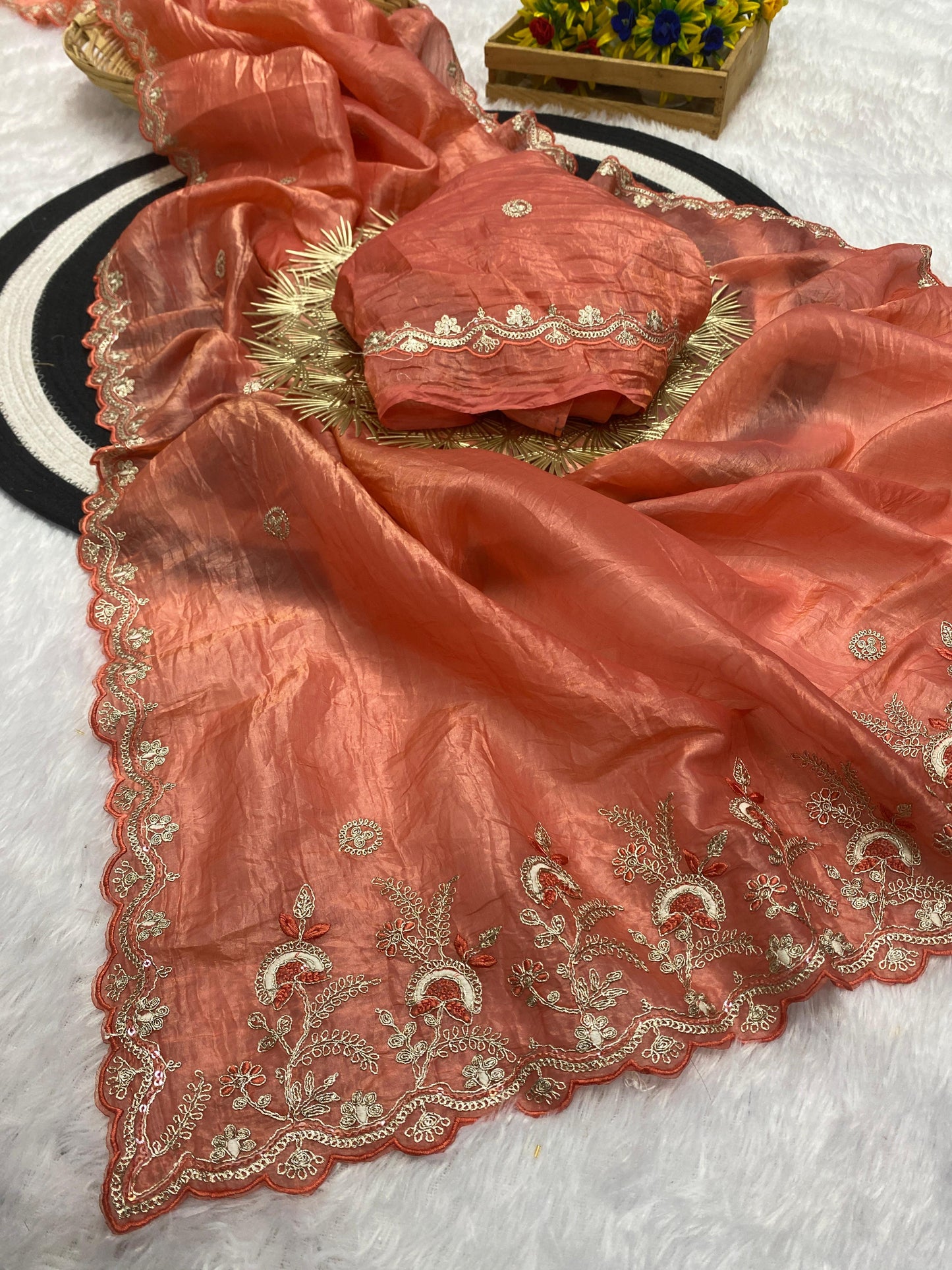 Gold Crushed Chiffon Saree