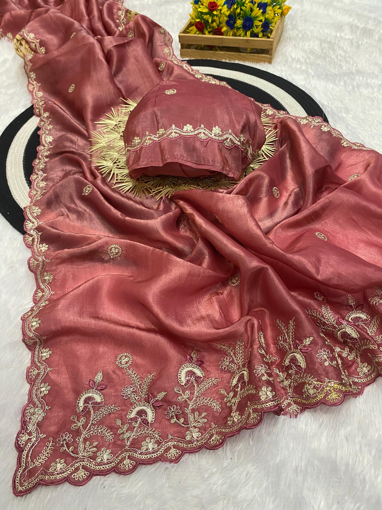 Gold Crushed Chiffon Saree