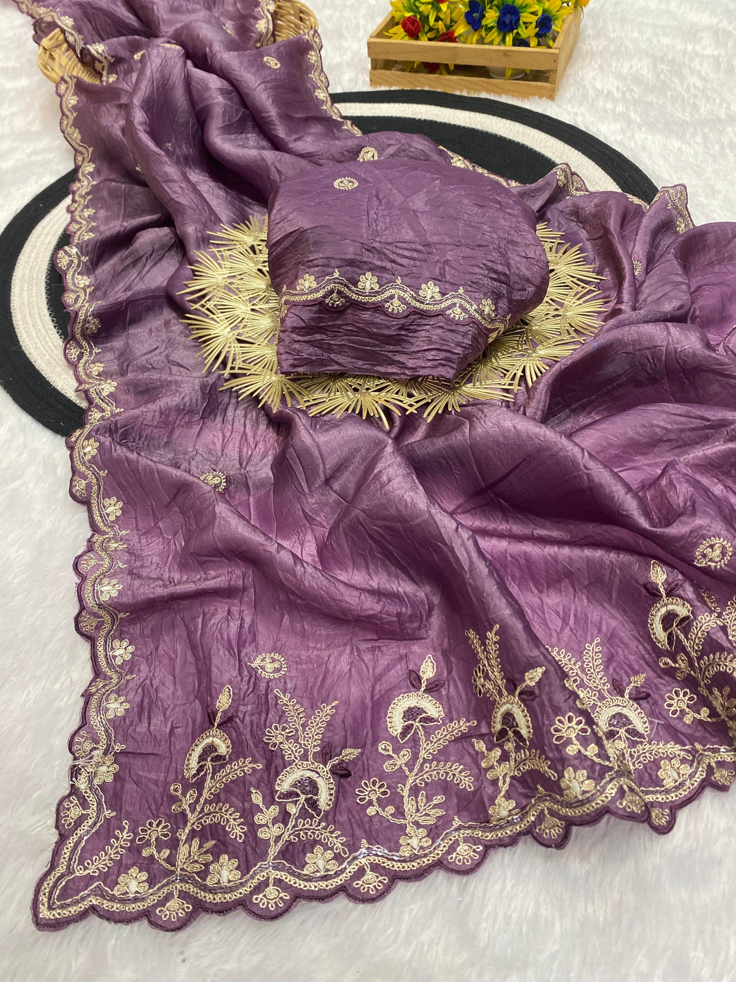 Gold Crushed Chiffon Saree